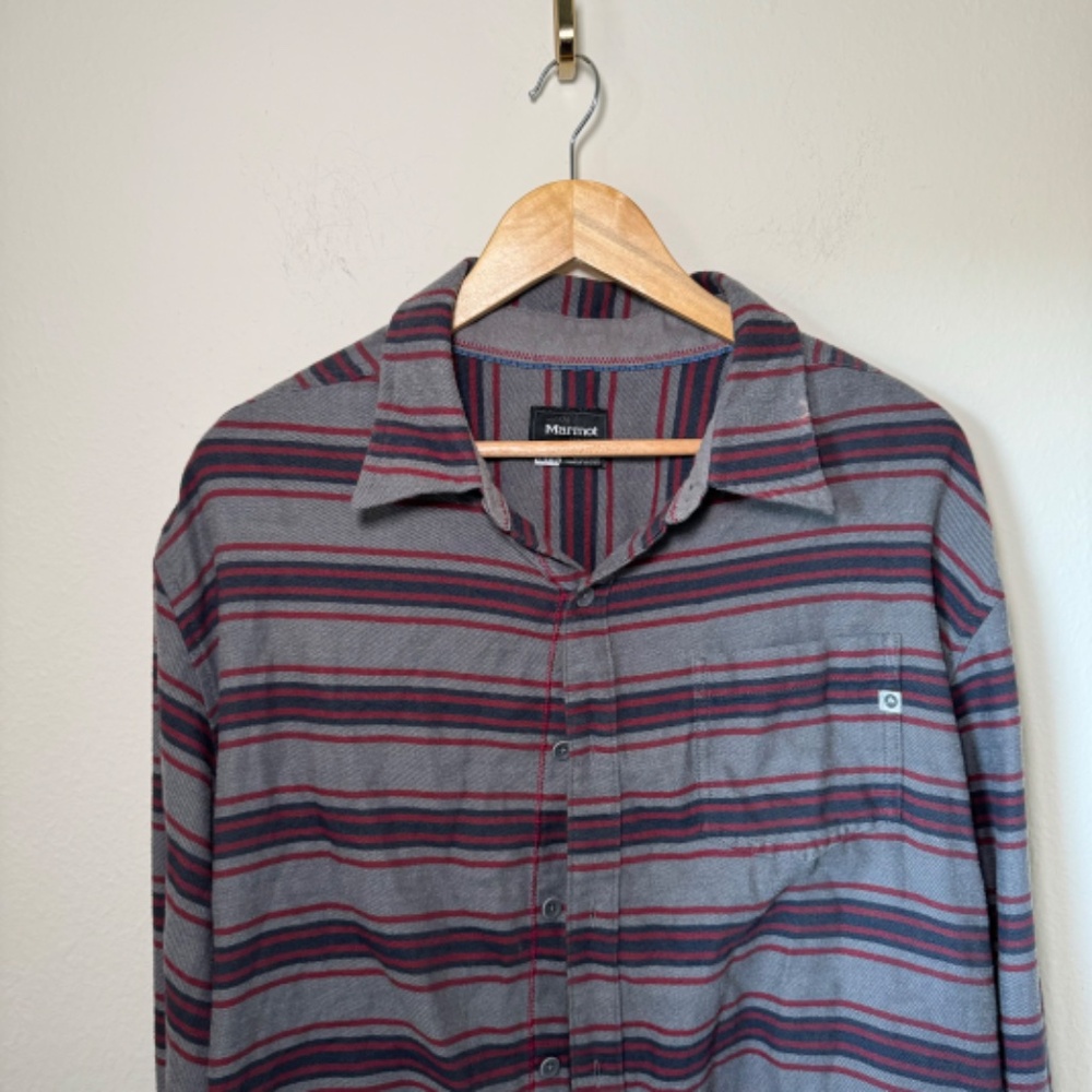 Marmot Shirt Men's Grey XXL Flannel Outdoor Hiking Casual Long Sleeve Striped - Picture 2 of 5